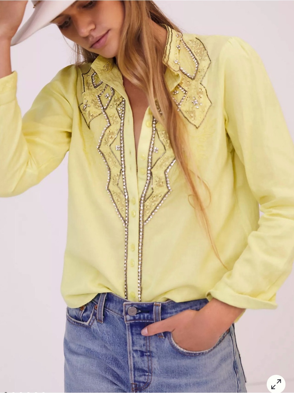 Pilcro Nayeli Beaded Buttondown Shirt Chartreuse XXSP